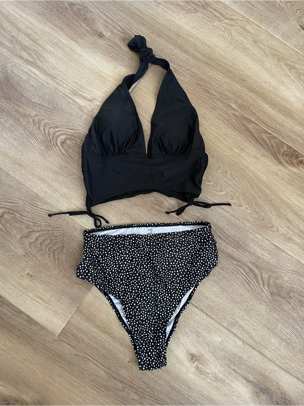 Black Halter Bikini Top with Black & White Polka Dot High-Waist Bottom